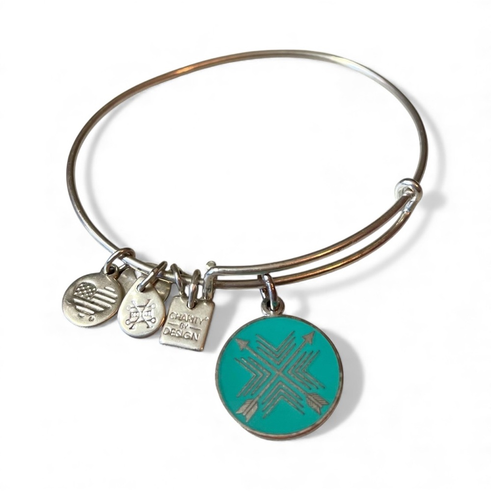 Alex and Ani Silver Bangle Bracelet with Teal Charm